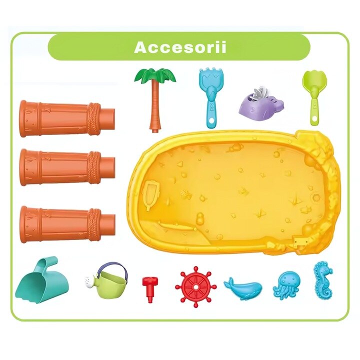 Masa de apa 2 in 1 Macvi® pentru copii, cu 8 accesorii interactive, multicolor, recomandata 3 ani+