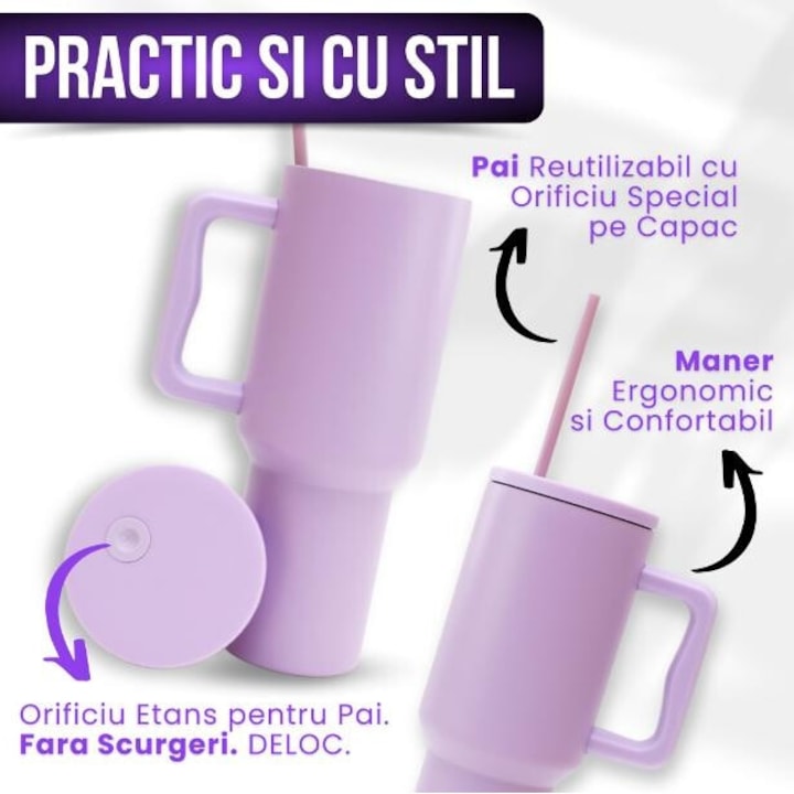 Cana termo cu maner si pai Macvi®, 1.2 litri, inox 304, termos bauturi calde si reci, 12h cald, 24h rece, anti scurgeri, violet