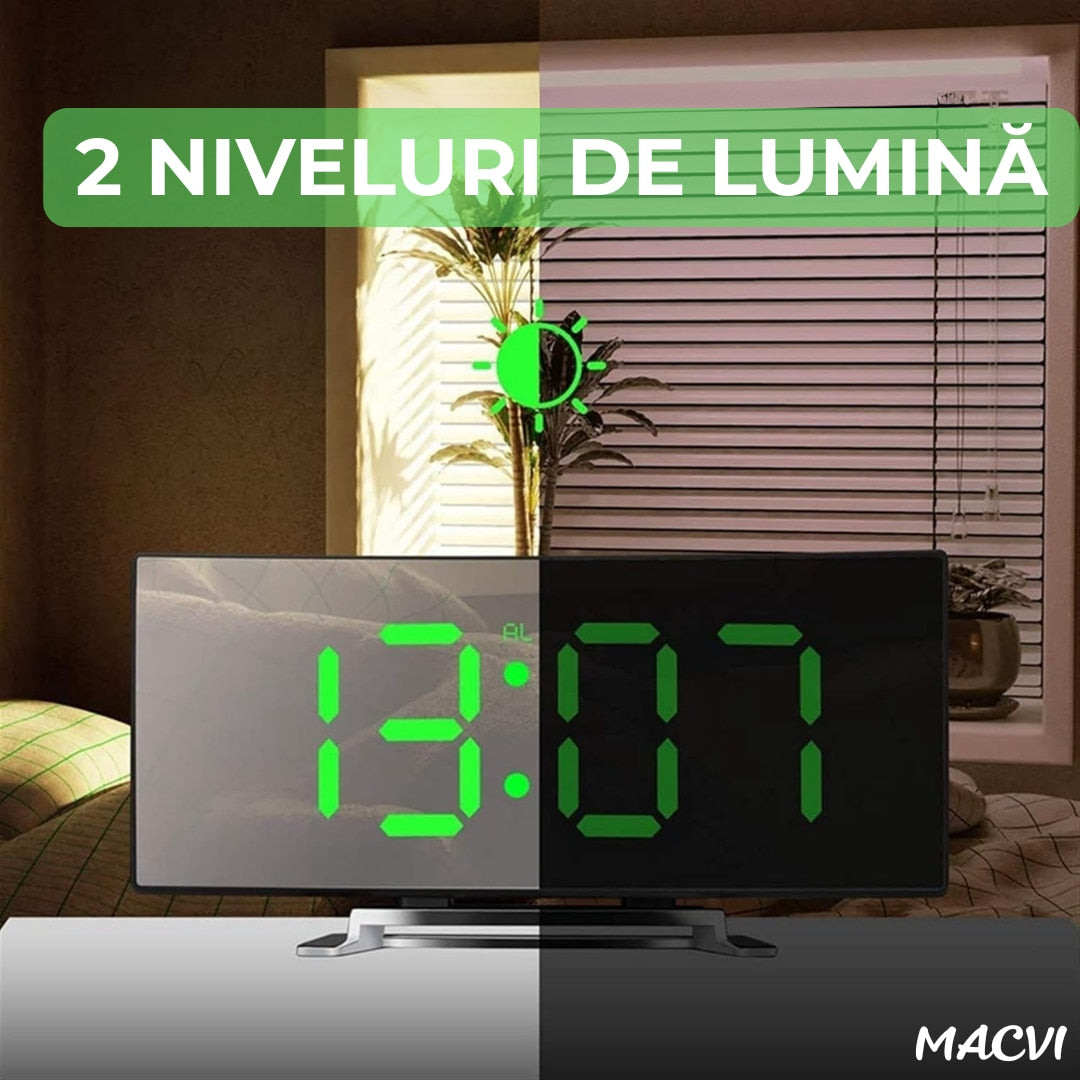 Ceas de masa tip oglinda Macvi® , model DT-6507, ecran LED curbat, afisare temperatura, Verde