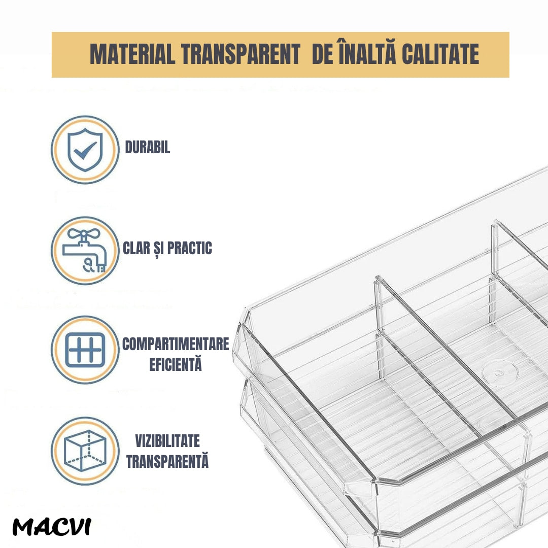 Organizator frigider Macvi® slide-out 2 nivele, transparent, sertare glisante, separatoare detasabile, 33x23x19 cm