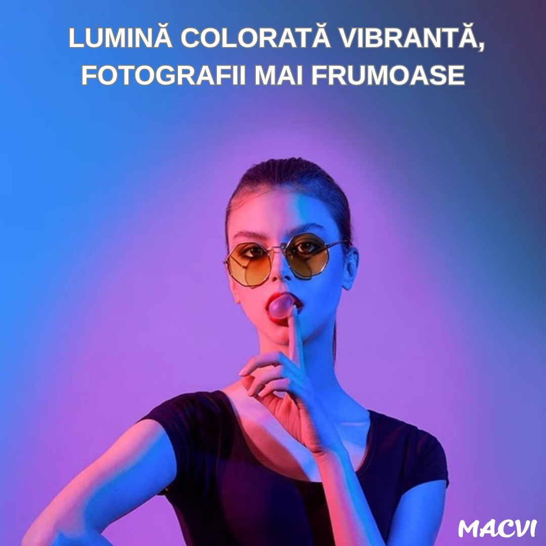 Lampa circulara RGB LED Macvi® 45 cm, 20 moduri de lumina, cu suport de telefon, cablu de incarcare USB si telecomanda inclusa pe fir cu reglare a intensitatii