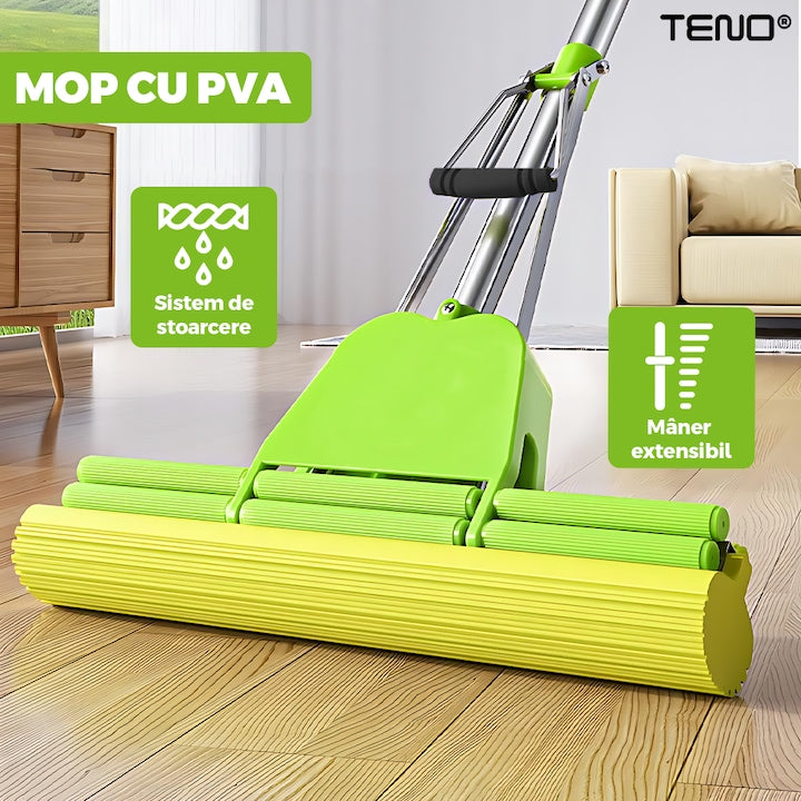 Mop cu PVA Teno®, sistem de stoarcere integrat, coada telescopica, laveta rezistenta, curatare usoara, absorbtie eficienta, captare a prafului, 120 cm, galben/verde