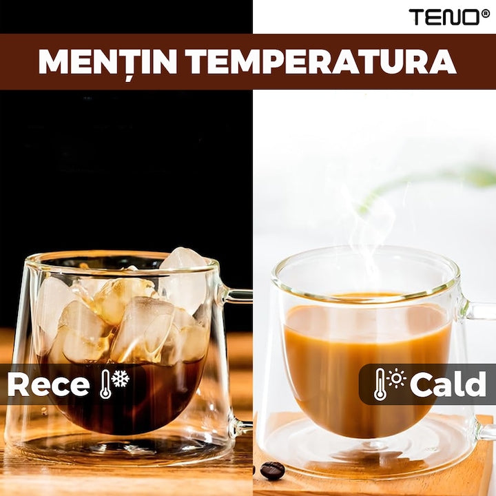 Set 2 Cani de Sticla cu Perete Dublu Teno®, model COFFEE, design modern, termorezistente, capacitate 200 ml, 12 x 8 cm