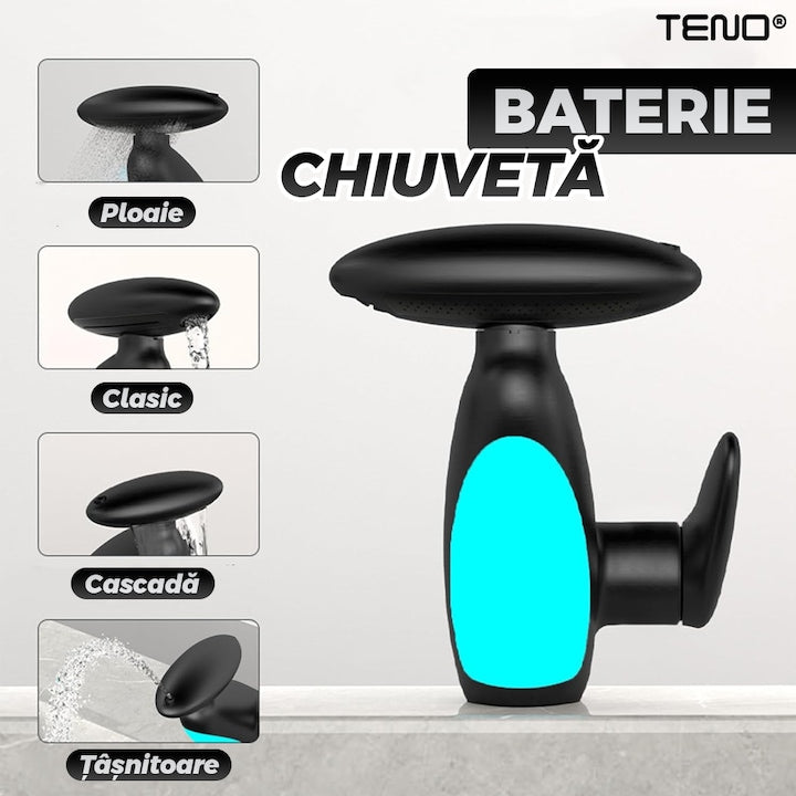 Baterie Chiuveta Baie Premium Teno®, 4 tipuri de jet, iluminare LED, cartus ceramic, cap retractabil, rezistenta la rugina si coroziune, accesorii incluse, negru