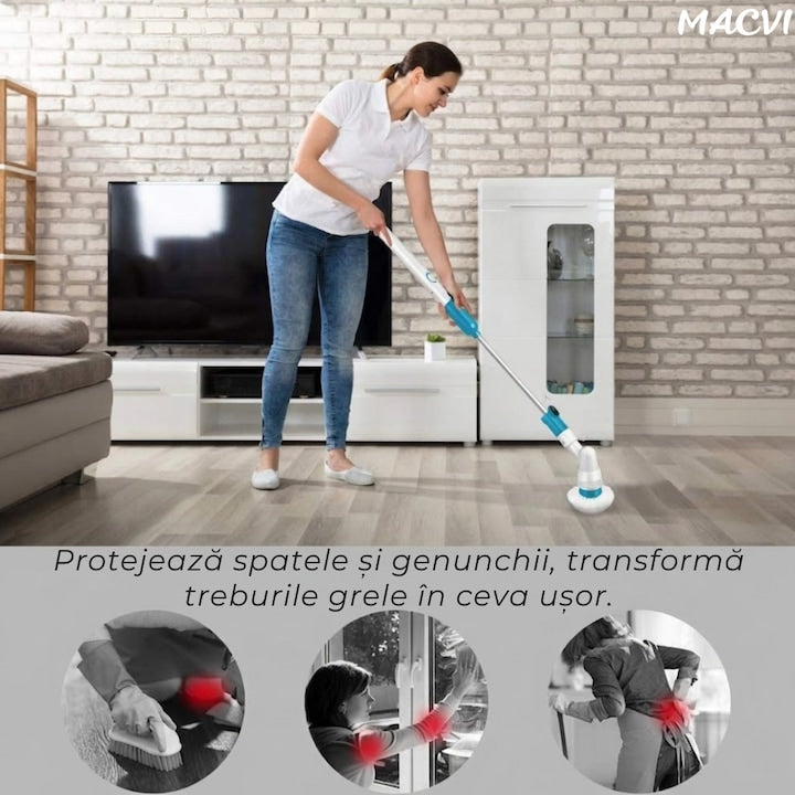 Perie Electrica de Curatare Macvi® cu 3 Capete Intersanjabile, 300 RPM, Acumulator Reincarcabil, Maner Telescopic - Ideala pentru Gresie, Faianta, Cada, Dus