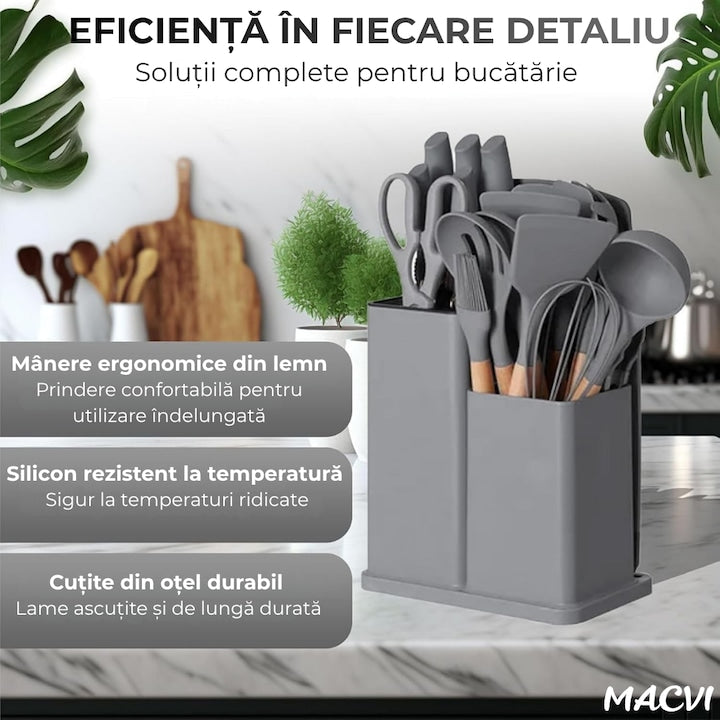 Set Ustensile Bucatarie Macvi® 19 Piese Silicon Termorezistent si Bambus, Cutite Inox, Suport Organizator Compact, Design Gri Elegant