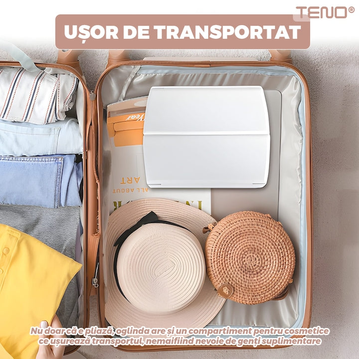 Oglinda Cosmetica Teno®, iluminare LED, pliabila, suport pentru machiaje, reincarcabila, usor de transportat, portabila, materiale calitative, alb