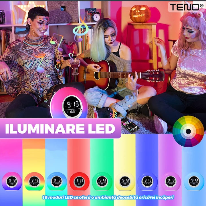 Ceas Desteptator Multifunctional Teno®, Bluetooth, functie de alarma, functie de radio, afisaj temperatura, lumini RGB, autonomie ridicata, rotund