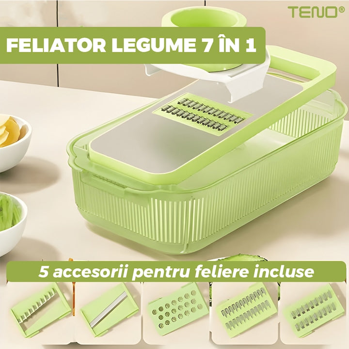 Feliator 7 in 1 Teno®, 5 accesorii de feliere, materiale rezistente, waterproof, protectie pentru mana, mandoline si razatoare, recipient de depozitare, verde deschis
