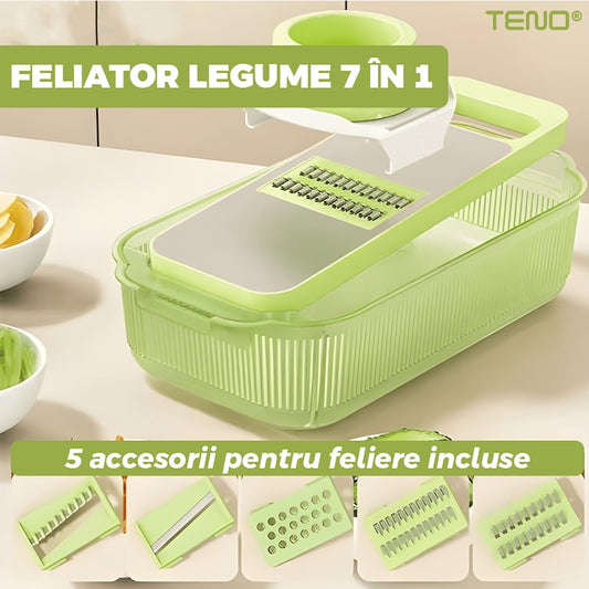 Feliator 7 in 1 Teno®, 5 accesorii de feliere, materiale rezistente, waterproof, protectie pentru mana, mandoline si razatoare, recipient de depozitare, verde deschis