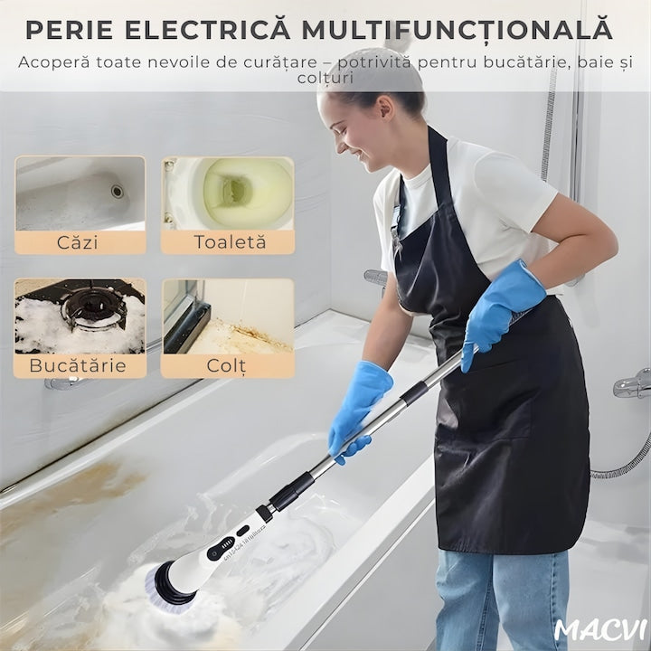 Perie electrica rotativa Macvi® 9 in 1 cu 9 capete interschimbabile, 2 viteze reglabile, wireless, IPX7, maner extensibil, autonomie mare, LED