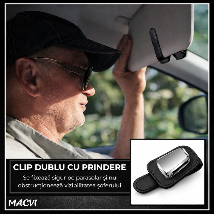 Suport ochelari auto Macvi®, prindere la parasolar, piele si aluminiu, 5x10 cm, negru