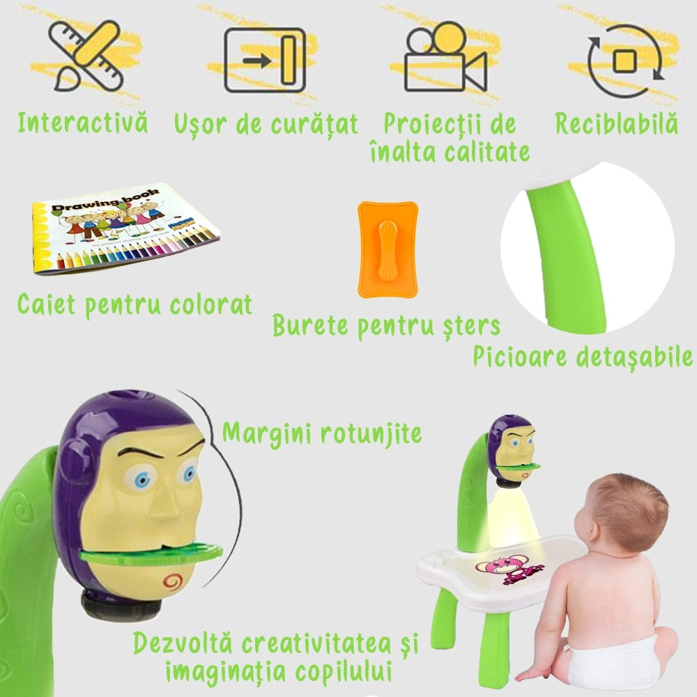 Jucarie educationala Macvi® tip tabla cu proiector, hologram, 3 discuri, 24 sabloane, 12 carioci, masa de desen Toy Story, verde