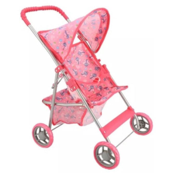 Carucior pliabil pentru papusi Macvi®, cadru metalic rezistent, 4 roti stabile, maner reglabil, cos de depozitare, design realist, roz