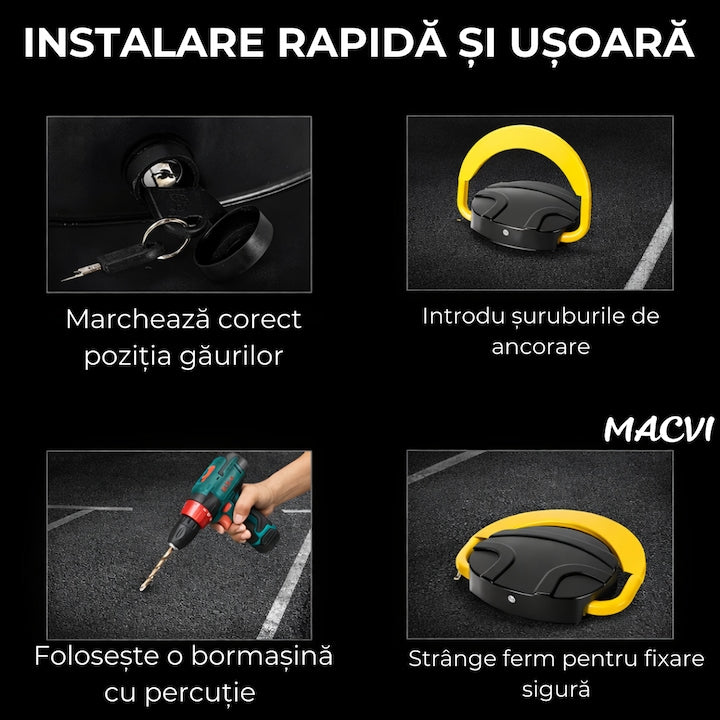 Blocator Parcare Macvi® cu Telecomanda, Actionare Electrica, Functionare pe baterii, protectie Acces Auto, Design Rezistent
