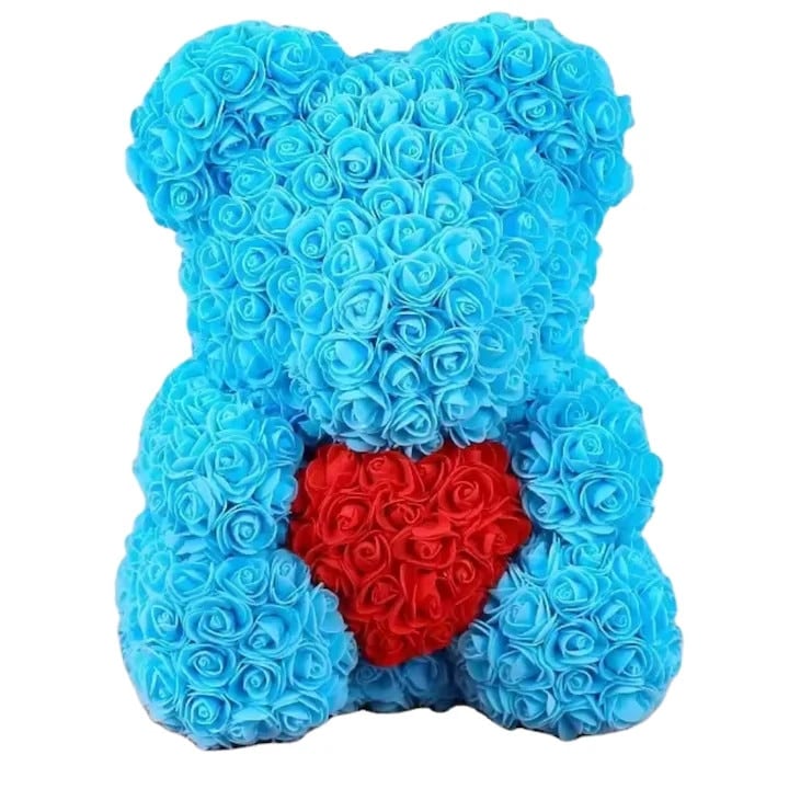 Ursulet Cu Inima Trandafiri Spuma Macvi®, 24 cm, Cutie Cadou Inclusa, Albastru, Decor Romantic, Cadou Valentine Aniversare