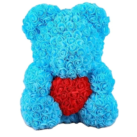 Ursulet Cu Inima Trandafiri Spuma Macvi®, 24 cm, Cutie Cadou Inclusa, Albastru, Decor Romantic, Cadou Valentine Aniversare