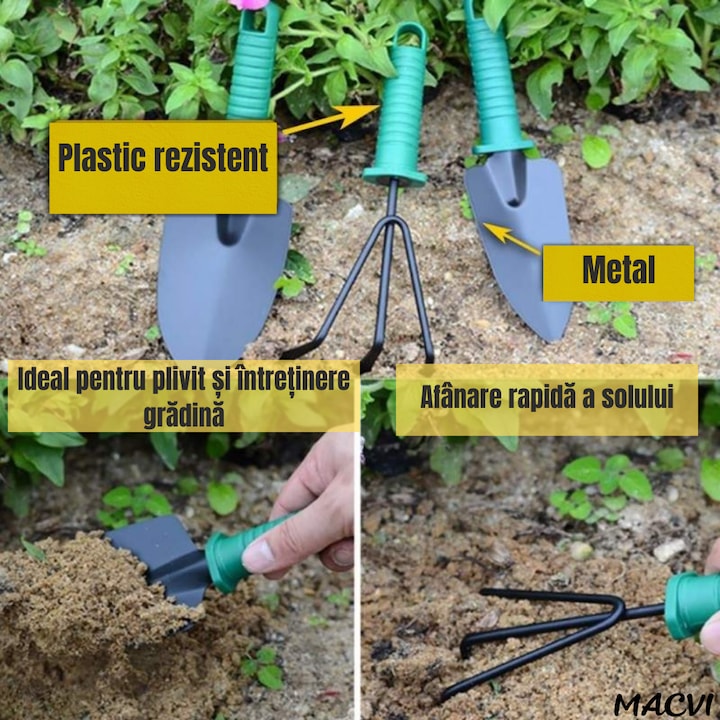 Set accesorii gradinarit Macvi® 10 piese, unelte din inox si plastic, foarfeca, lopata, pulverizator, geanta inclusa