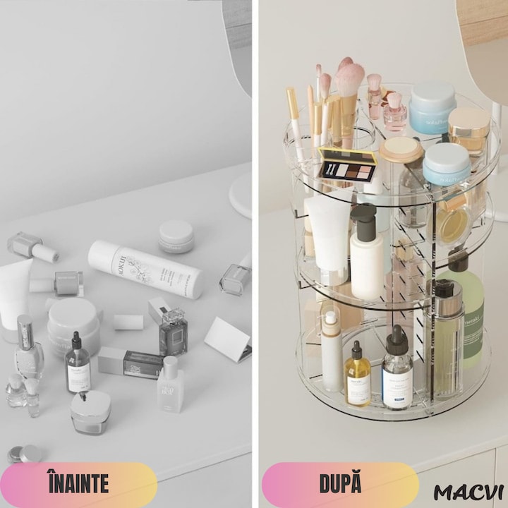 Organizator Cosmetice Rotativ Macvi® 360°, Design Reglabil, 9 Compartimente Spatioase, Montare Rapida, Ideal pentru Machiaj si Produse de Ingrijire
