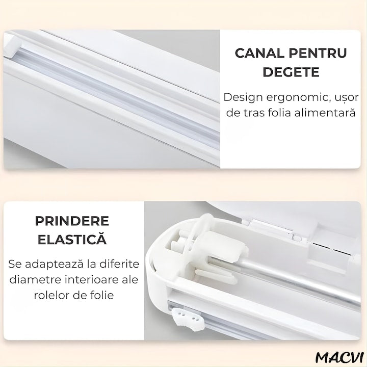 Dispenser folie alimentara, Macvi, 37cm, 12 ventuze antialunecare, alb