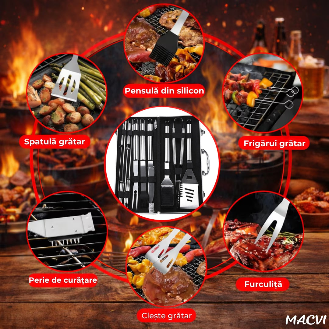 Set 10 ustensile pentru gratar Macvi® din otel inoxidabil premium, geanta transport aluminiu captusita, accesorii pentru un gratar reusit