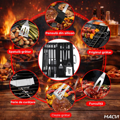 Set 10 ustensile pentru gratar Macvi® din otel inoxidabil premium, geanta transport aluminiu captusita, accesorii pentru un gratar reusit