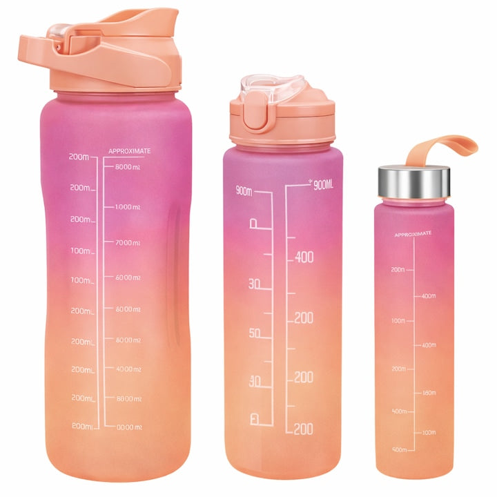 Set 3 Sticle de Apa Motivationale TENO®, 2000ml + 900ml + 300ml, Tritan fara BPA, Pai inclus, Deschidere automata, roz