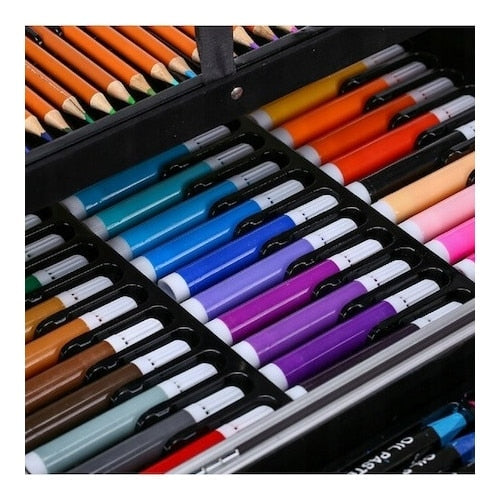 Set pentru pictura si desen MACVI, 145 piese, cutie metalica albastra, pentru copii, 38x26x4cm