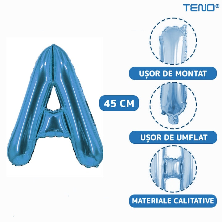 Set 12 Baloane Teno®, Litere, pentru Petreceri/Aniversari/Evenimente, o singura dimensiune, o culoare, metalizate, folie, model BINE ATI VENIT albastru, 45 cm