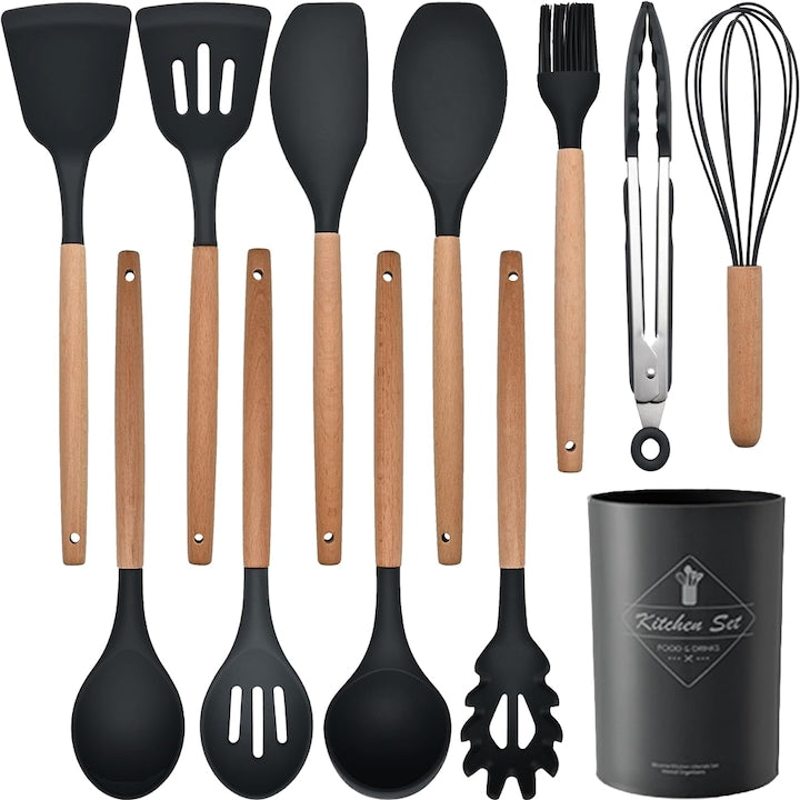 Set Ustensile Bucatarie 12 Piese Silicon Alimentar Teno®, termorezistente, antiaderente, sigure, suport inclus, negru