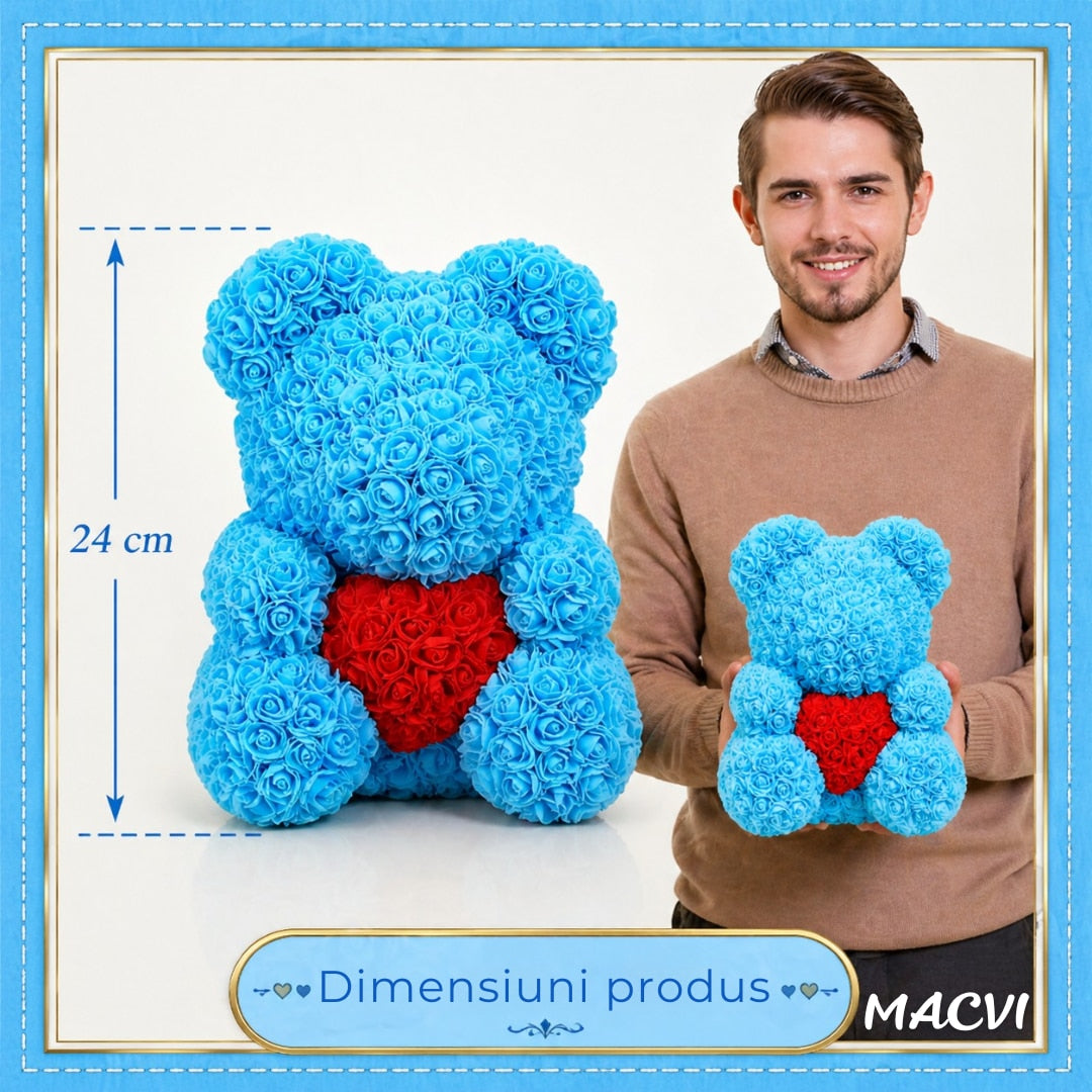 Ursulet Cu Inima Trandafiri Spuma Macvi®, 24 cm, Cutie Cadou Inclusa, Albastru, Decor Romantic, Cadou Valentine Aniversare