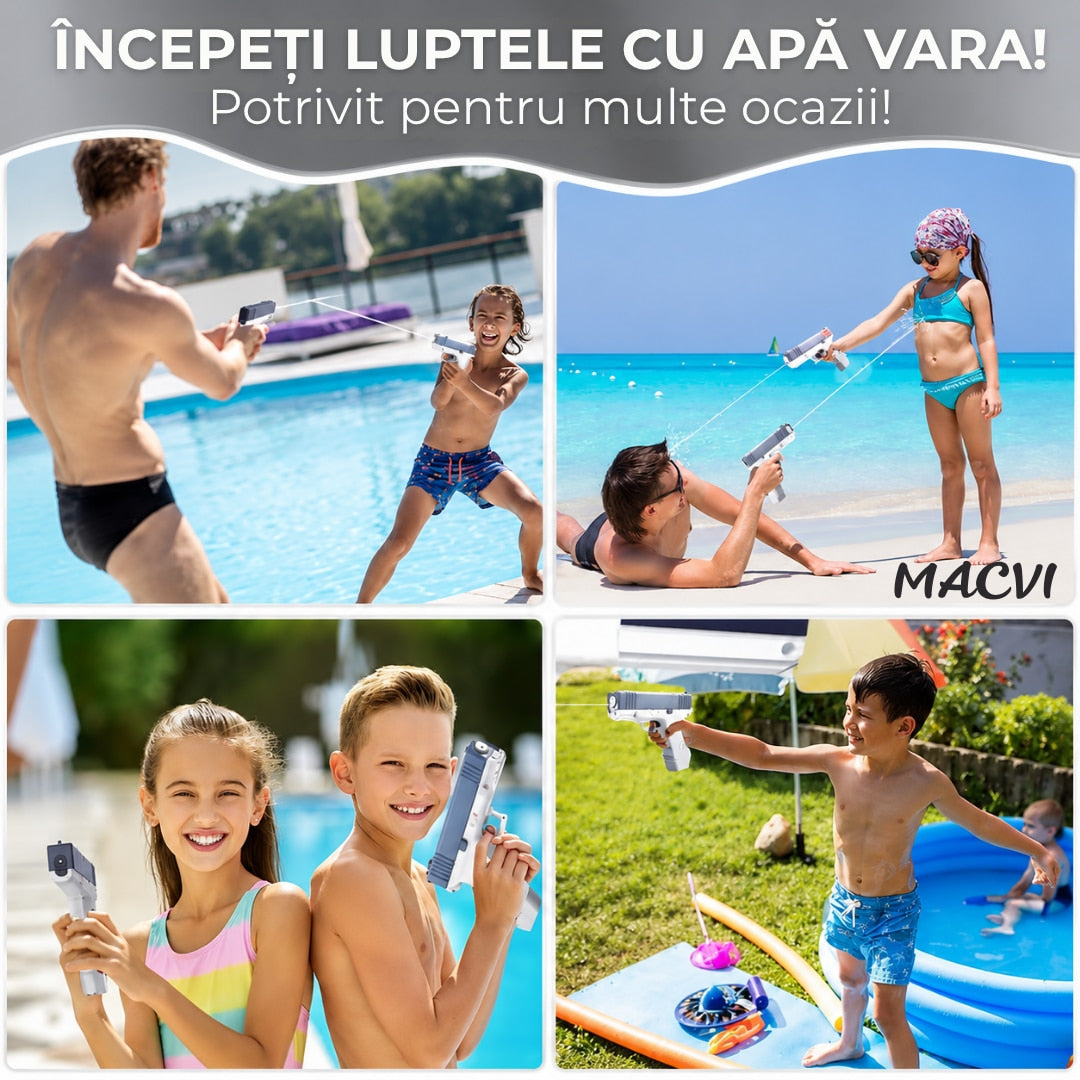 Pistol cu apa copii Macvi®, albastru cu alb, actionare manuala, jucarie vara exterior, dezvoltare dexteritate, 11.5 x 10 x 2.5 cm