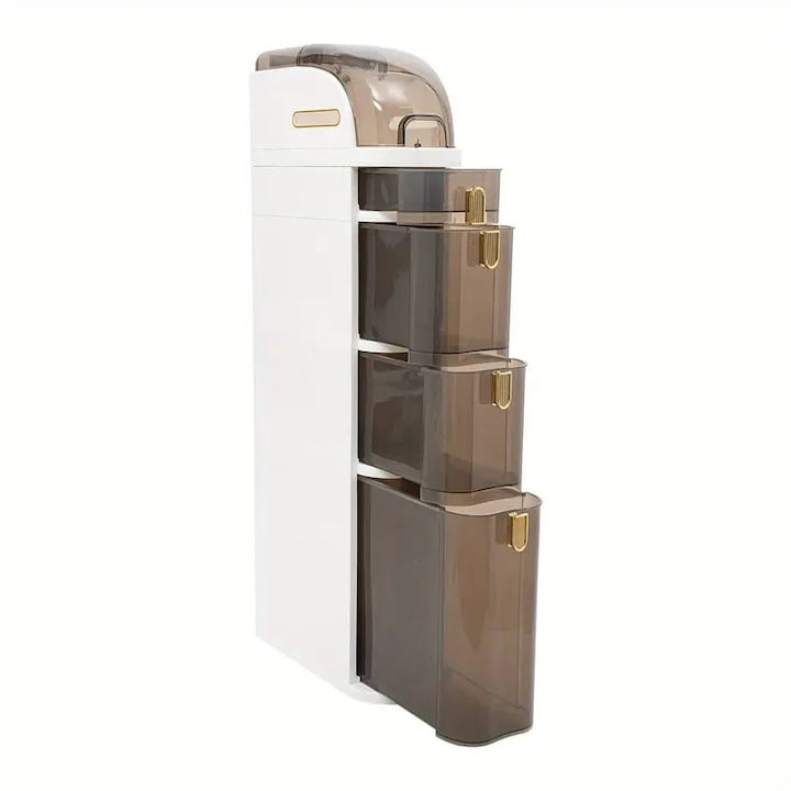 Dulap Mobil Organizator Macvi®, 5 Nivele, 98 × 18 × 41cm, Organizator Vertical Ultra-Slim cu Roti, PVC Rezistent, Alb