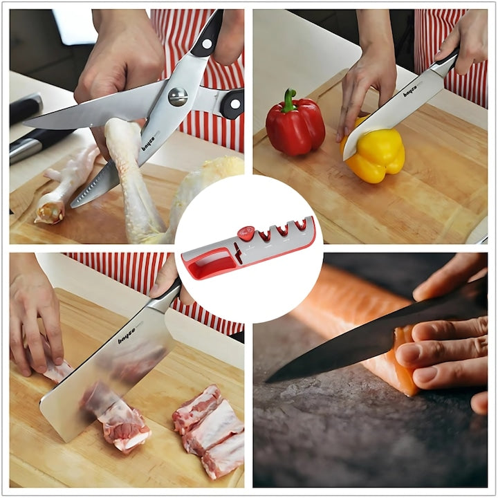 Ascutitor Cutite Profesional Macvi® 4 in 1 Reglabil, Ascutire, Finisare, Slefuire, Foarfeci, Unghi Ajustabil, Rosu Gri