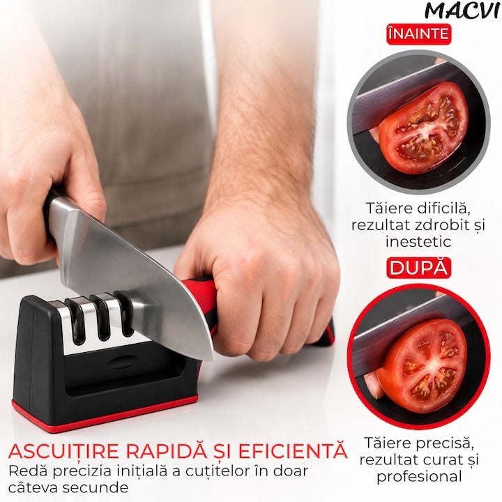 Ascutitor Manual Cutite Macvi® 3 in 1, 3 Etape de Ascutire, Otel Inoxidabil + Ceramica, Cap Detasabil, Maner Ergonomic, Baza Antiderapanta, ABS, 21.3 x 5.8 x 4.8 cm, Negru/Rosu