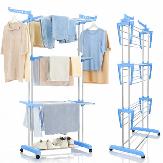 Uscator vertical pentru rufe Macvi®, cu 3 nivele de uscare, mobil si pliabil, suport umerase, albastru