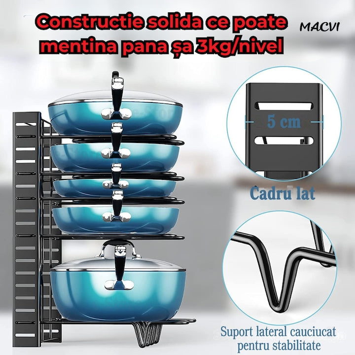 Suport reglabil 9 tigai si oale Macvi® din metal, 8 separatoare, protectie cauciuc, utilizare verticala/orizontala, negru