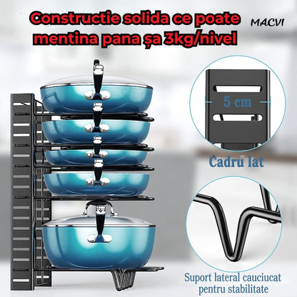 Suport reglabil 9 tigai si oale Macvi® din metal, 8 separatoare, protectie cauciuc, utilizare verticala/orizontala, negru
