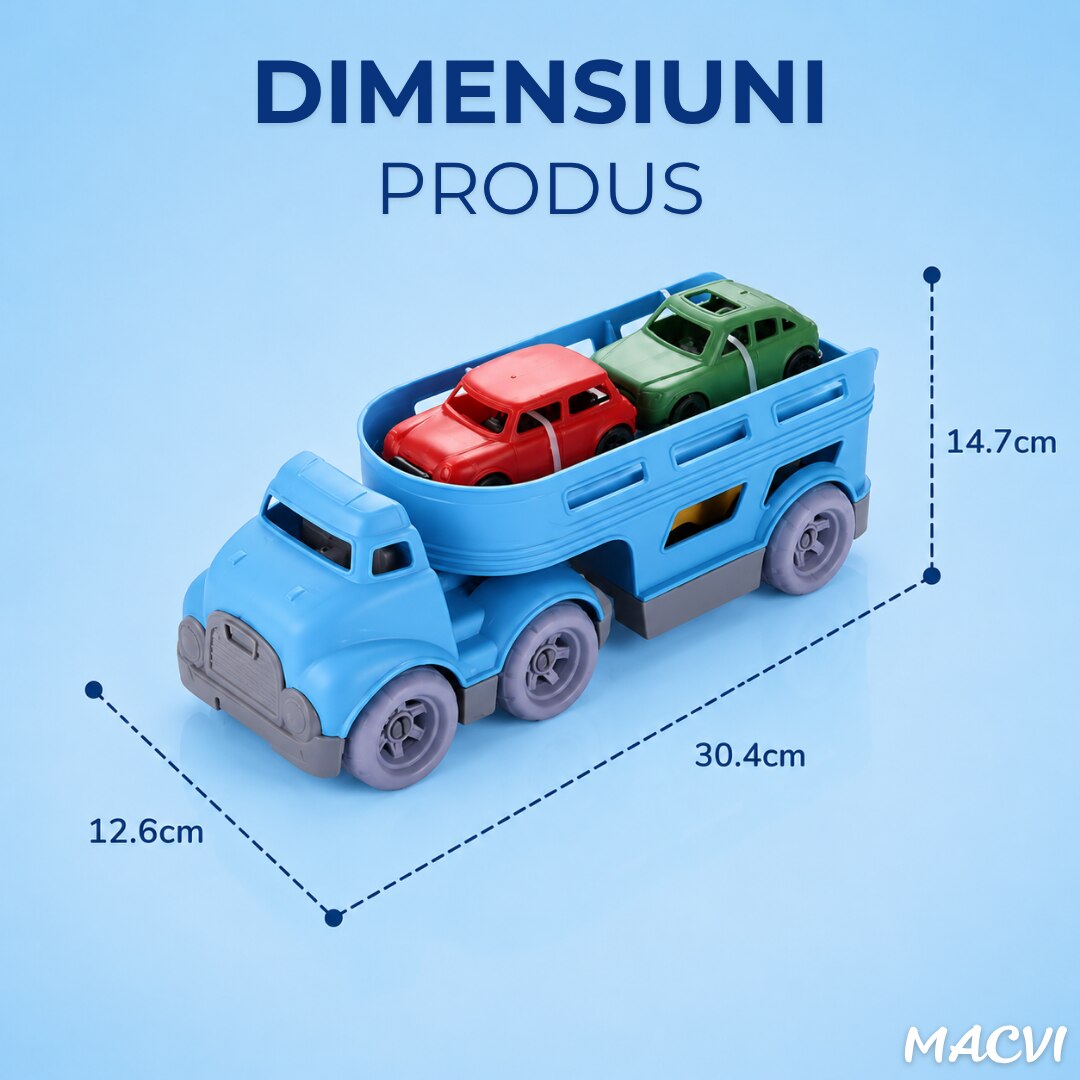 Set Camion Trailer cu 3 Masinute, MACVI, Albastru, Plastic, 3 ani