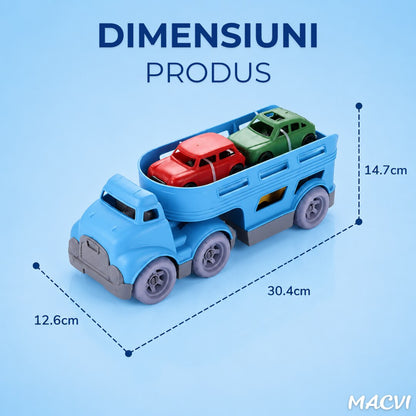 Set Camion Trailer cu 3 Masinute, MACVI, Albastru, Plastic, 3 ani