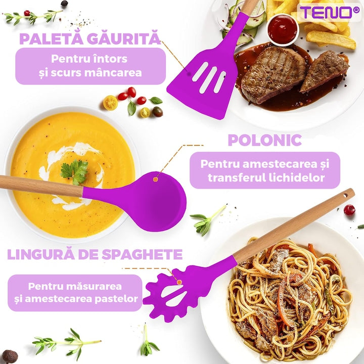 Set Ustensile Bucatarie 12 Piese Silicon Alimentar Teno®, termorezistente, antiaderente, sigure, suport inclus, mov