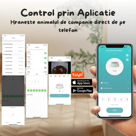 Dozator Automat Hrana Animale Macvi® 6L cu Camera HD 1080P, Audio Bidirectional, Control din Telefon, WiFi 5G, Vas Inox, Programare Mese pentru Caini si Pisici