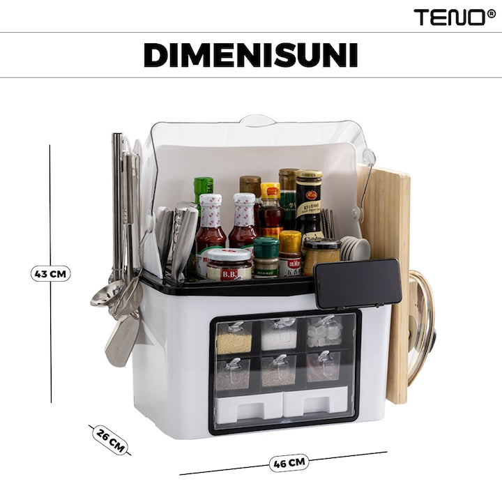 Organizator Multifunctional pentru Bucatarie Teno®, suport sticle, rafturi pentru condimente, cuier pentru ustensile, suport cutite, 46 x 26 x 43 cm, alb