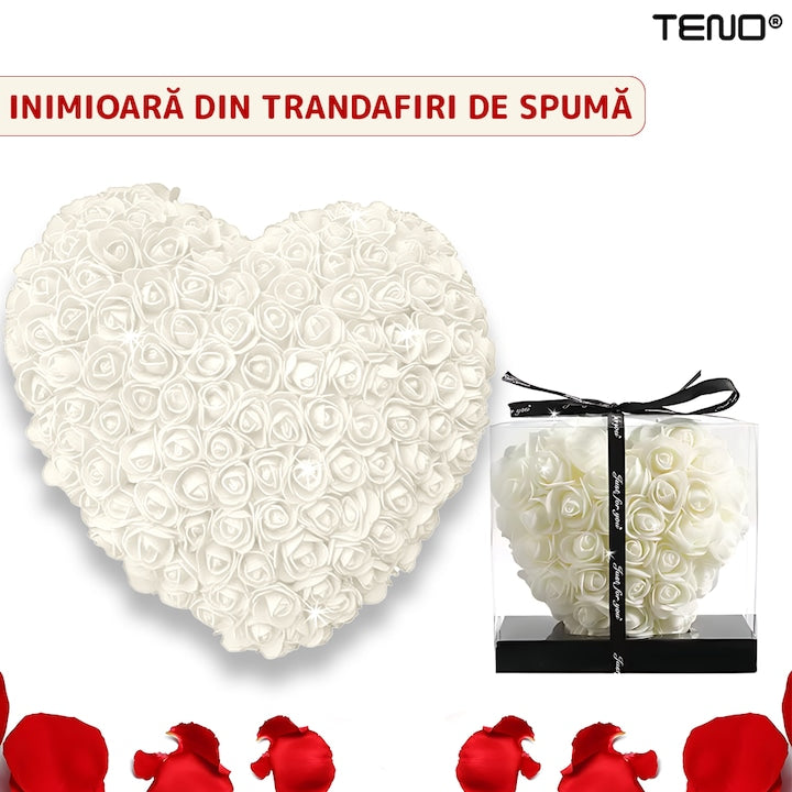 Inimioara din Trandafiri de Spuma Teno®, floral alb, handmade, cutie transparenta, eleganta si naturala, nemuritoare, 17 cm