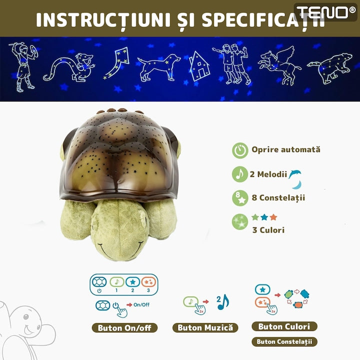 Lampa de Veghe Testoasa Teno®, proiector de lumini, 8 constelatii, lumina RBG, 2 cantece de adormit copiii, pufoasa si moale, mod inchidere automata, verde/maro