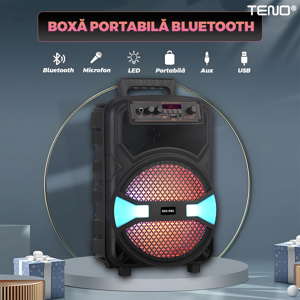Boxa Portabila JBR009 Teno®, microfon inclus, telecomanda de control, lumini LED, panou de comanda, 6 moduri de conectare, autonomie ridcata, 1200W, negru