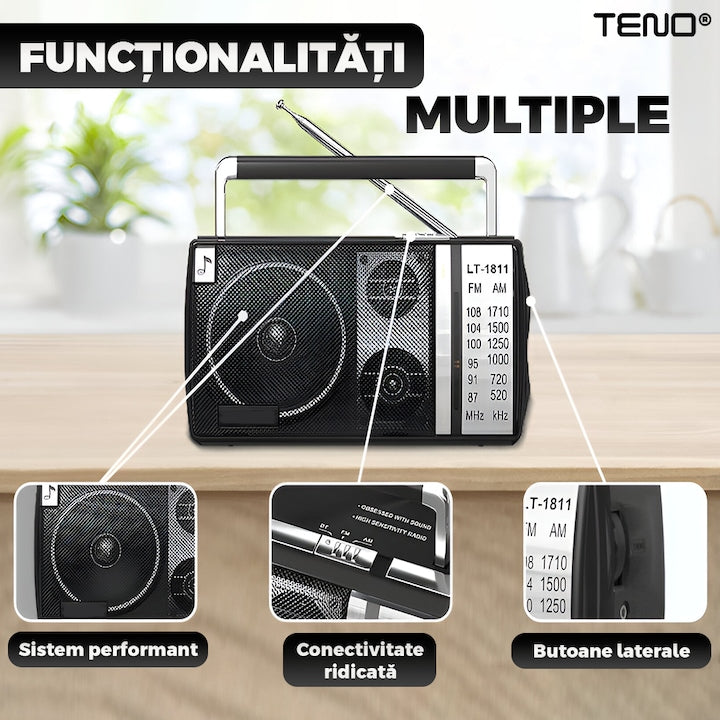 Radio Portabil Teno®, FM/AM, mod dual de alimentare, baterii/la priza, receptie ridicata ce prinde posturi regionale/la sate, port jack 3.5 mm, negru