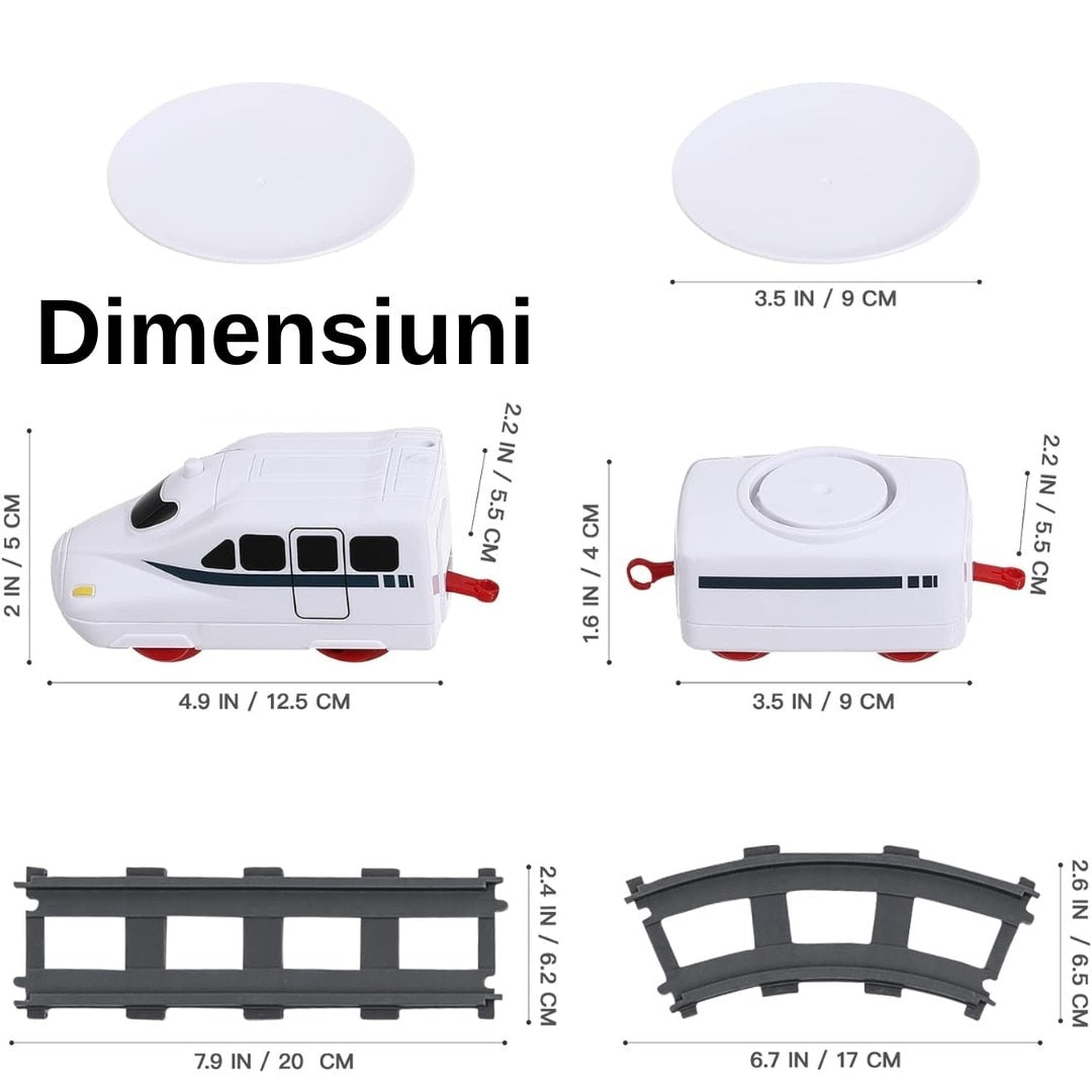 Set trenulet Macvi® pe cale ferata cu farfurii pentru servire Sushi, locomotiva electrica, 3 vagoane, 6 tavite si 12 sine, 197 cm