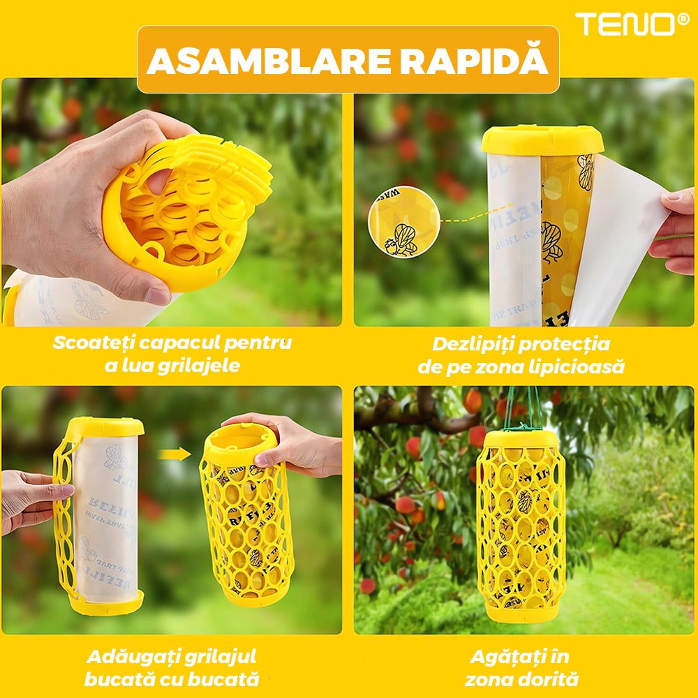 Set 2 capcane Macvi® pentru viespi, cu lipici anti-insecte, 8 foi lipicioase incluse, montare rapida, suport pentru momeala, galben
