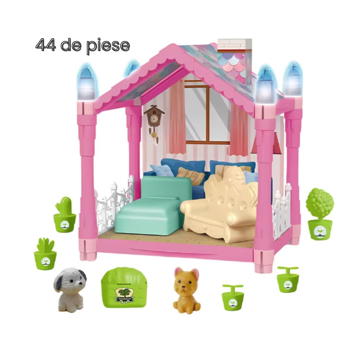 Casuta pentru Papusi Macvi® 44 Piese cu Lumini Sunete Mobilier si Accesorii Roz Multicolor